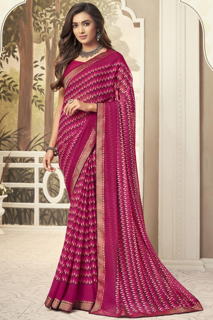 Chiffon Fabric Rani Color Daily Wear Fancy Printed Saree