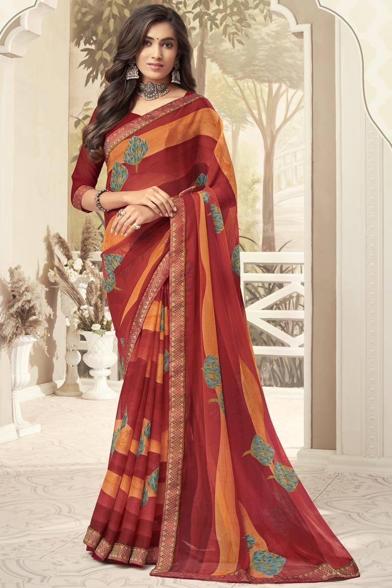 Maroon Color Regular Wear Chiffon Fabric Printed Saree