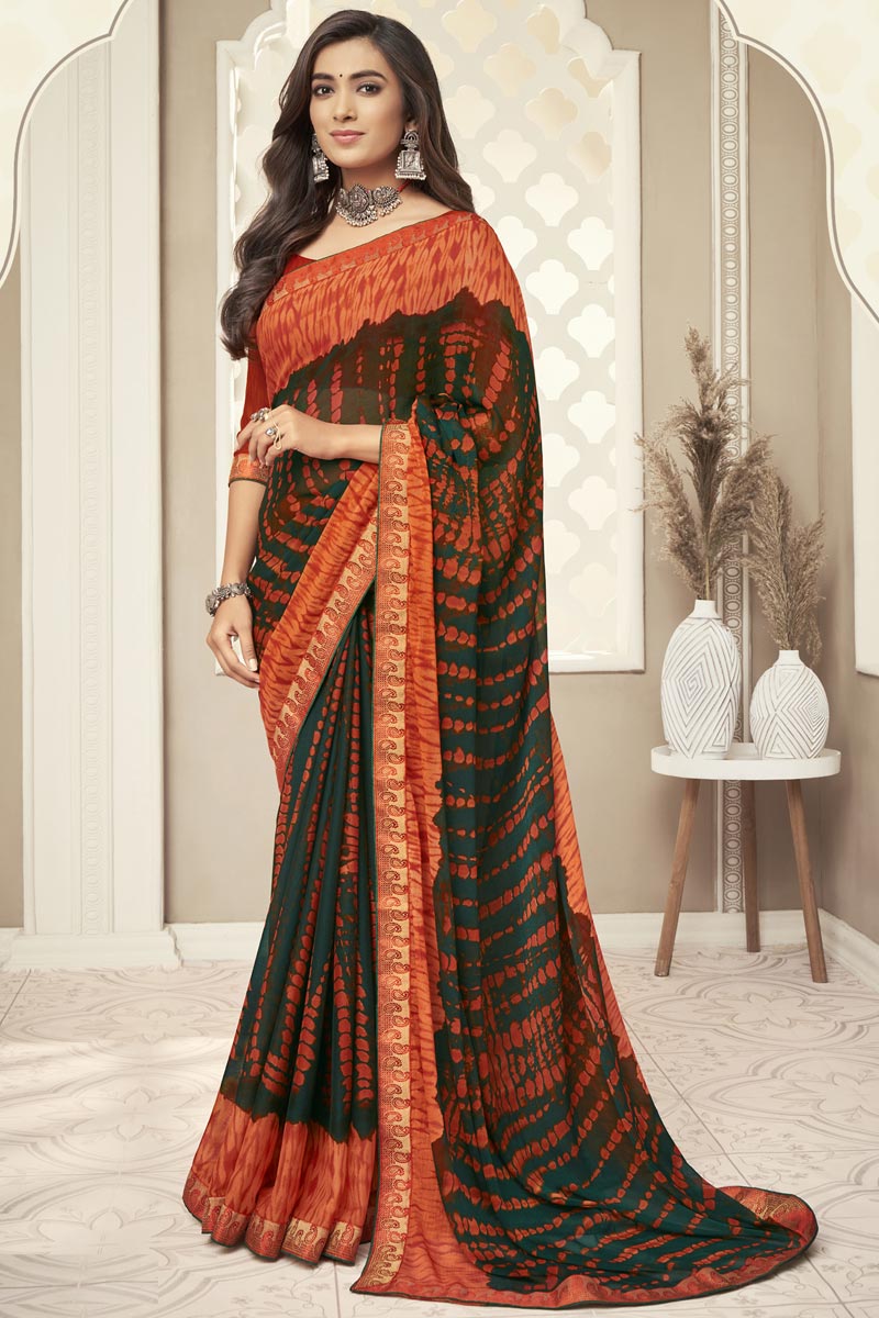 Regular Wear Chiffon Fabric Printed Saree In Teal Color