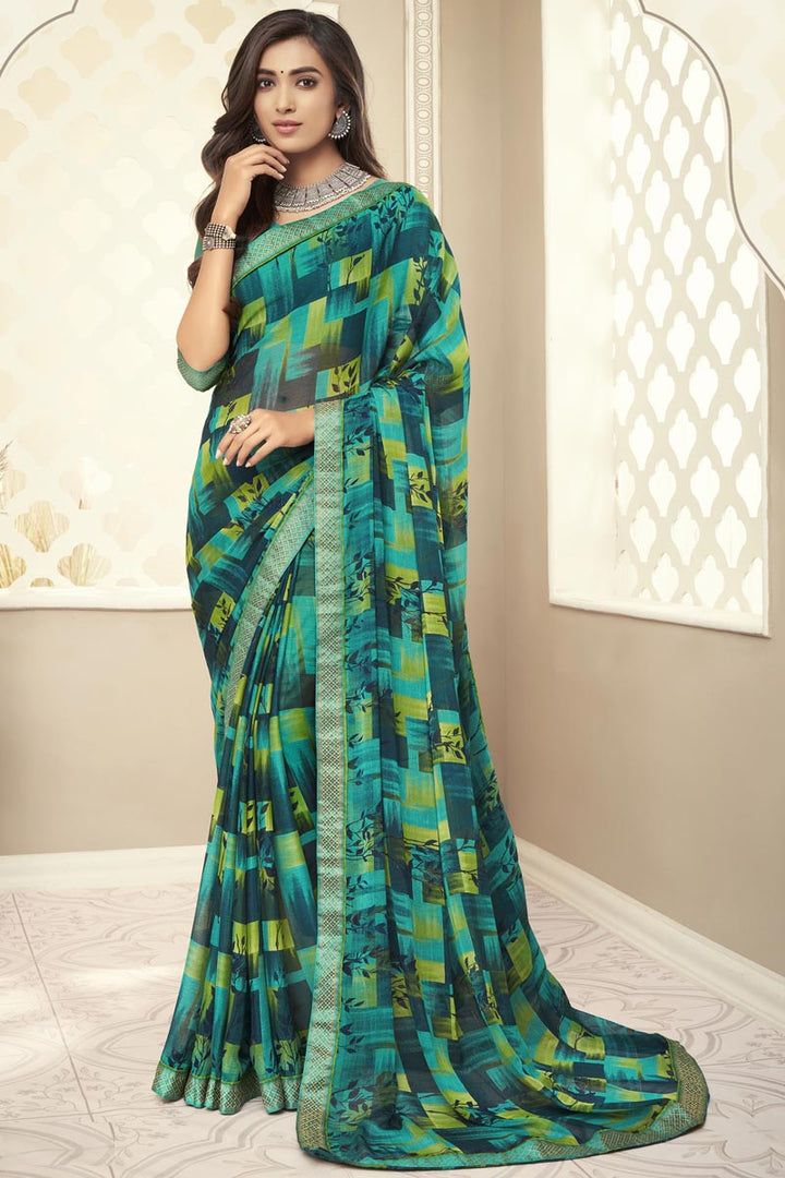 Chiffon Fabric Regular Wear Cyan Color Printed Saree
