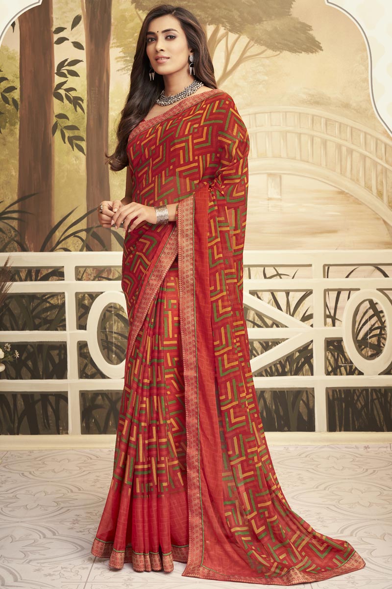 Red Color Puja Wear Printed Saree In Chiffon Fabric