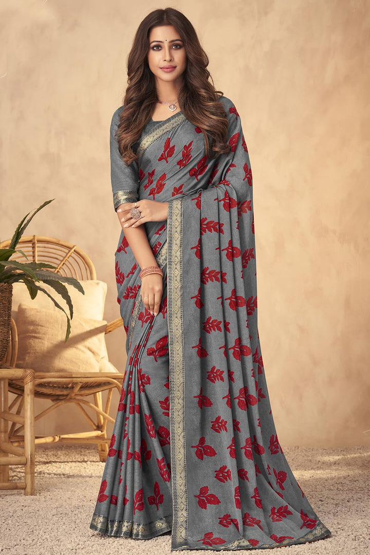 Grey Color Georgette Saree With Bewitching Printed Work