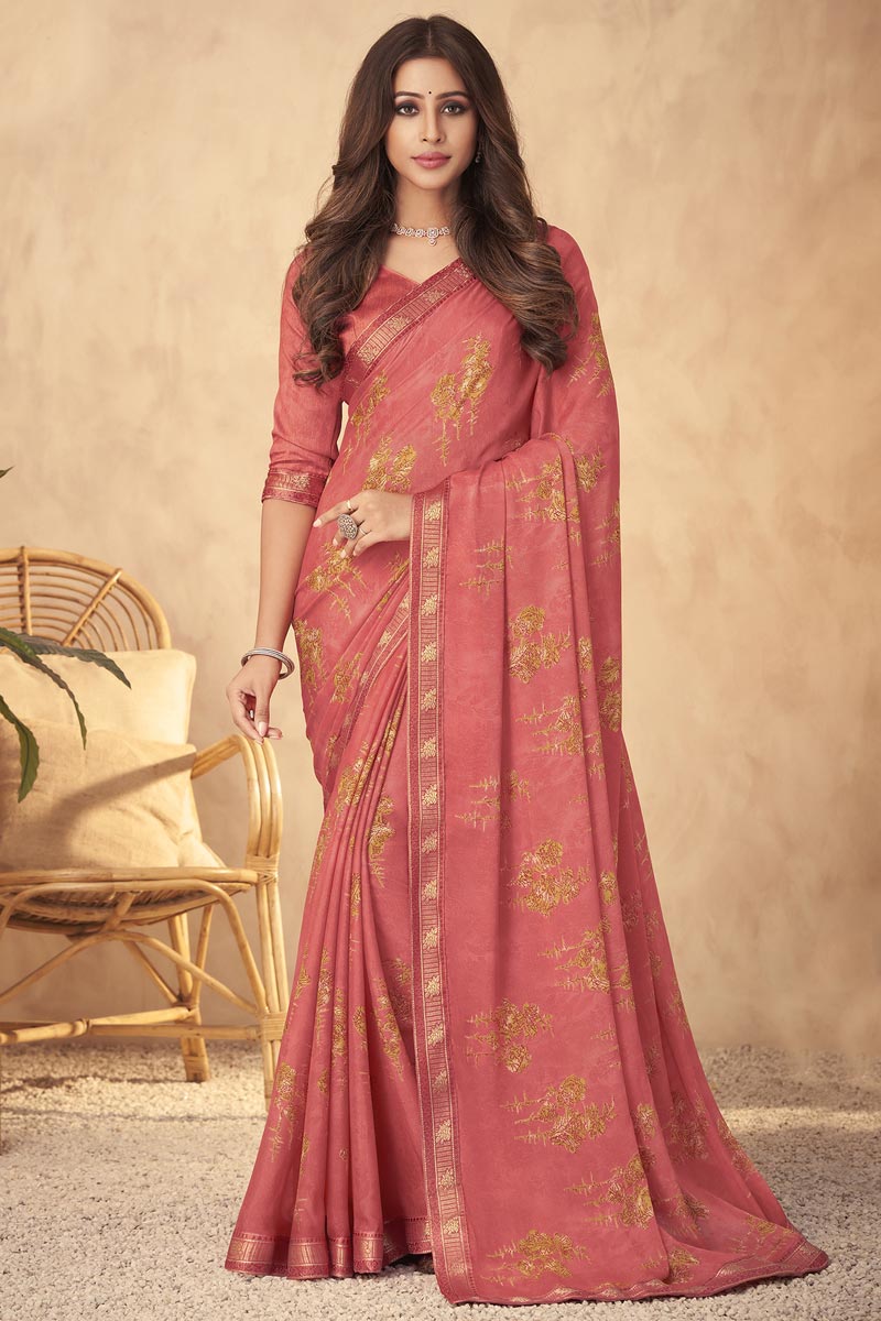Radiant Peach Color Georgette Saree With Printed Work