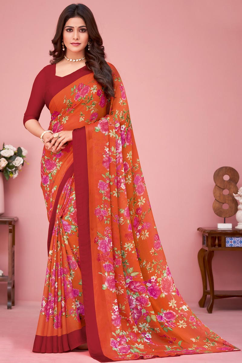 Orange Color Casual Wear Chiffon Fabric Saree With Tempting Floral Printed Work | Buy Online India