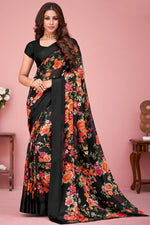 Load image into Gallery viewer, Daily Wear Black Color Chiffon Fabric Saree With Miraculous Floral Printed Work

