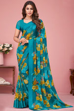 Load image into Gallery viewer, Daily Wear Teal Color Chiffon Fabric Saree With Remarkable Floral Printed Work
