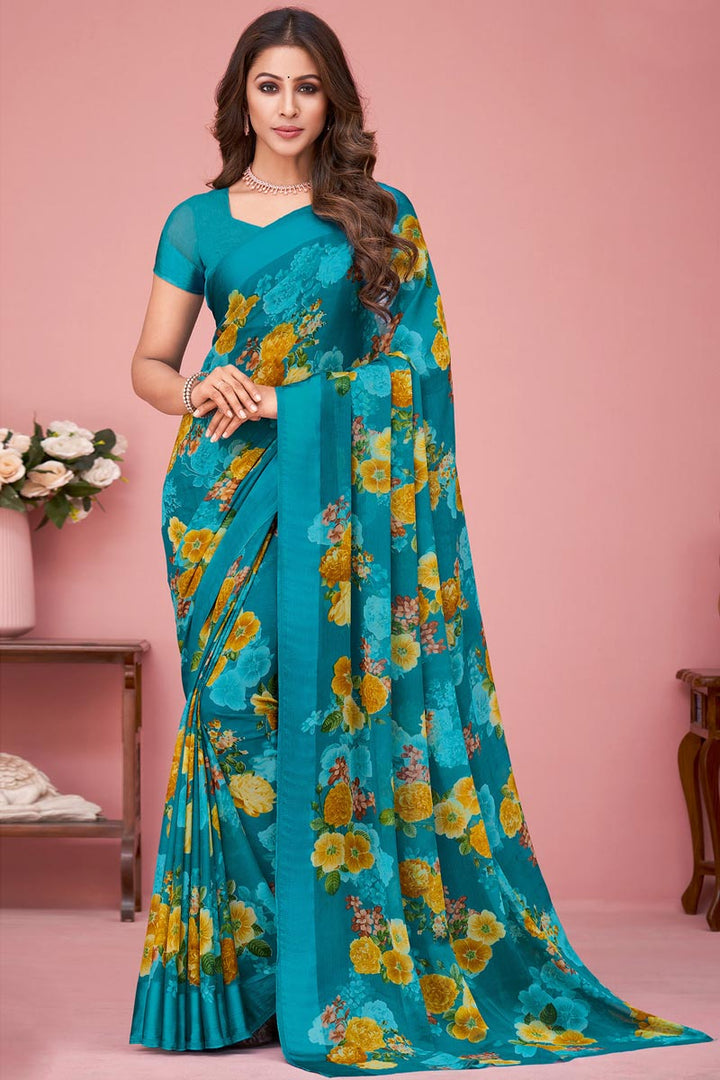 Daily Wear Teal Color Chiffon Fabric Saree With Remarkable Floral Printed Work