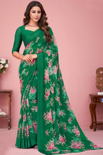 Load image into Gallery viewer, Green Color Daily Wear Chiffon Fabric Saree With Ingenious Floral Printed Work
