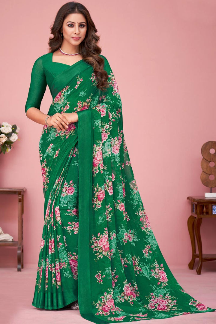 Green Color Daily Wear Chiffon Fabric Saree With Ingenious Floral Printed Work