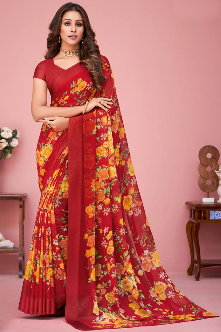 Red Color Chiffon Fabric Daily Wear Saree With Ravishing Floral Printed Work