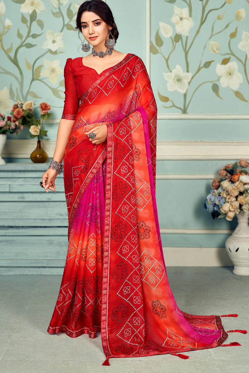 Stunning Red Printed Saree In Chiffon Fabric