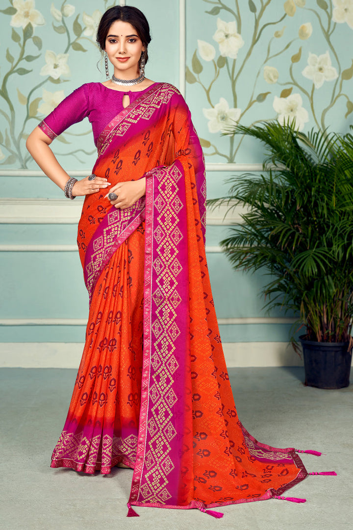 Orange Printed Attractive Saree In Chiffon Fabric