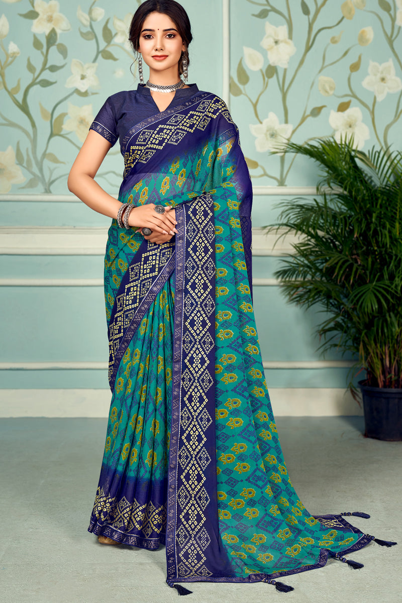 Enriching Sea Green Printed Chiffon Saree