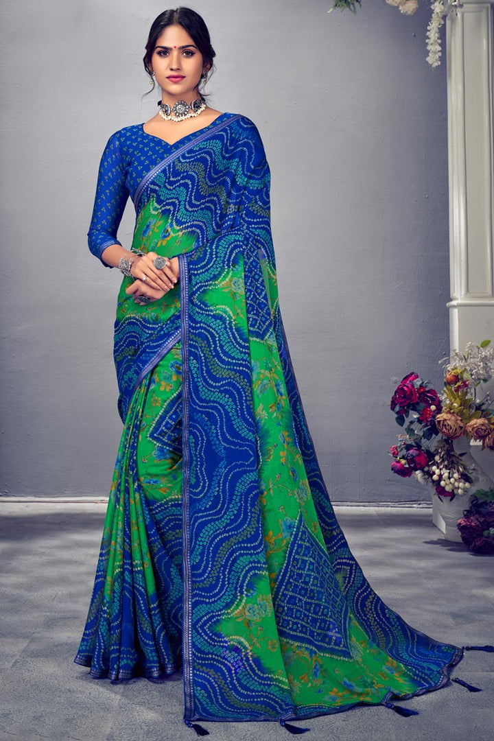 Chiffon Fabric Blue Color Graceful Saree With Floral Printed Work