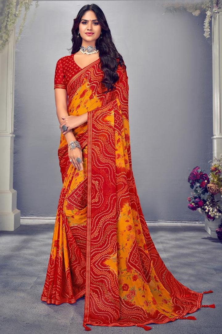 Floral Printed Red Color Chiffon Fabric Classic Saree