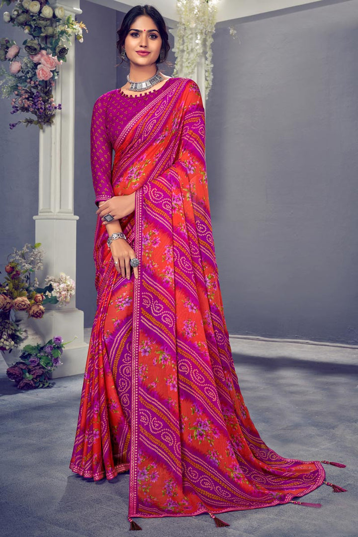 Imposing Floral Printed Chiffon Saree In Magenta Color