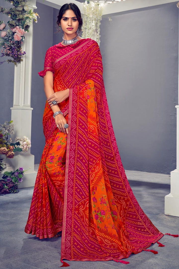 Pleasant Floral Printed Chiffon Fabric Saree In Orange Color