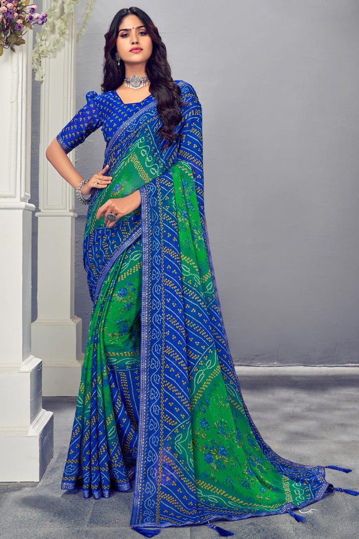 Floral Printed Blue Color Vintage Saree In Chiffon Fabric