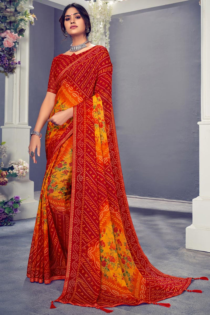 Red Color Floral Printed Delicate Saree In Chiffon Fabric