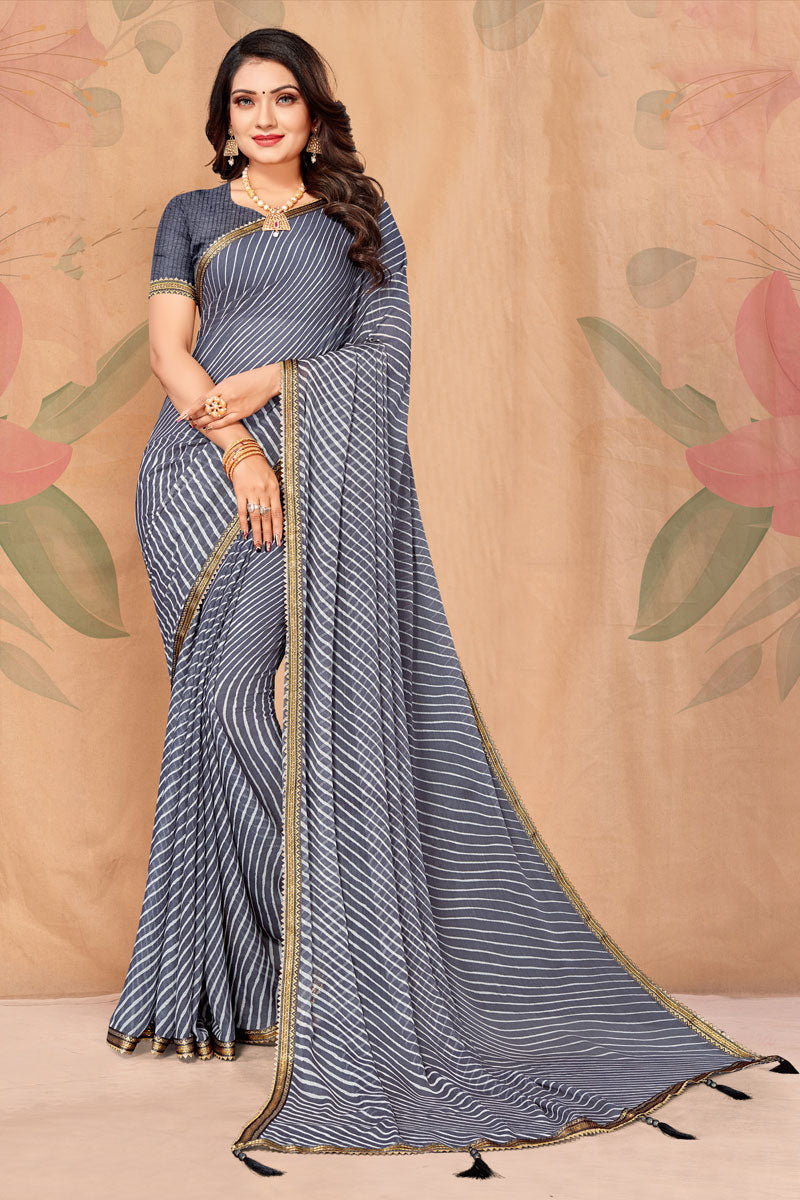 Chiffon Fabric Attractive Casual Look Grey Color Saree