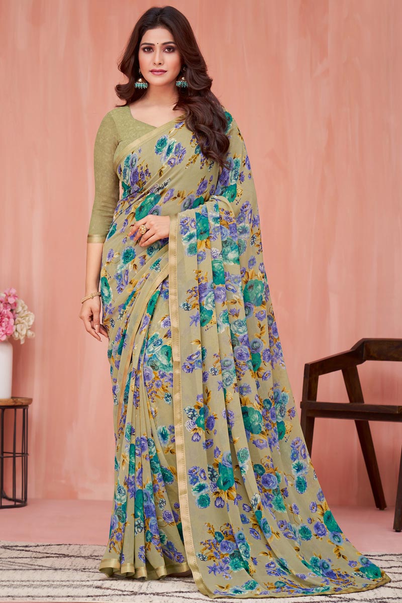 Beige Color Georgette Fabric Daily Wear Riveting Saree