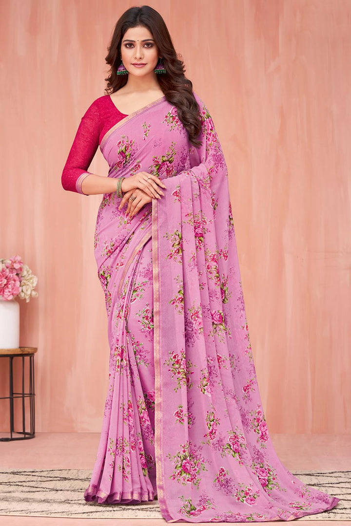 Pink Color Georgette Fabric Casual Look Pleasing Saree