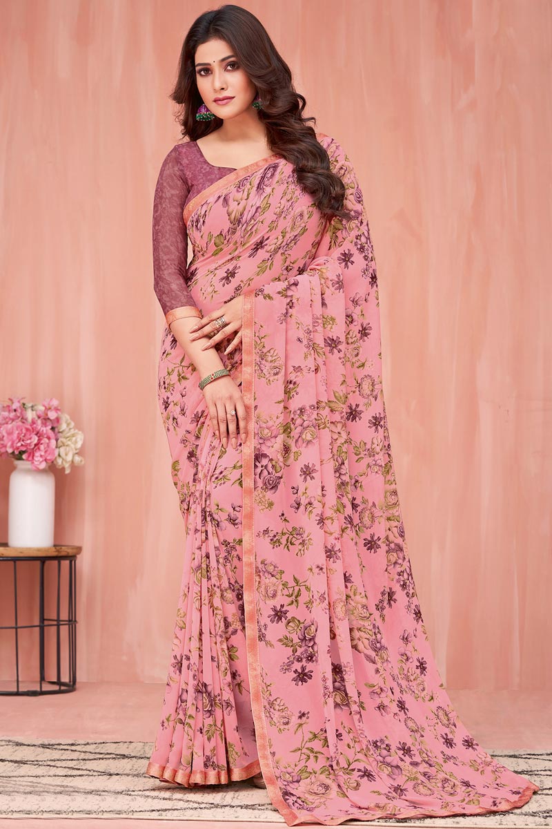 Georgette Fabric Peach Color Casual Look Aristocratic Saree