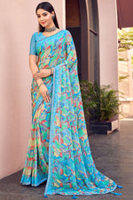 Load image into Gallery viewer, Printed Work Casual Wear Chiffon Saree In Sky Blue Color

