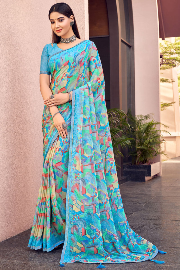 Printed Work Casual Wear Chiffon Saree In Sky Blue Color