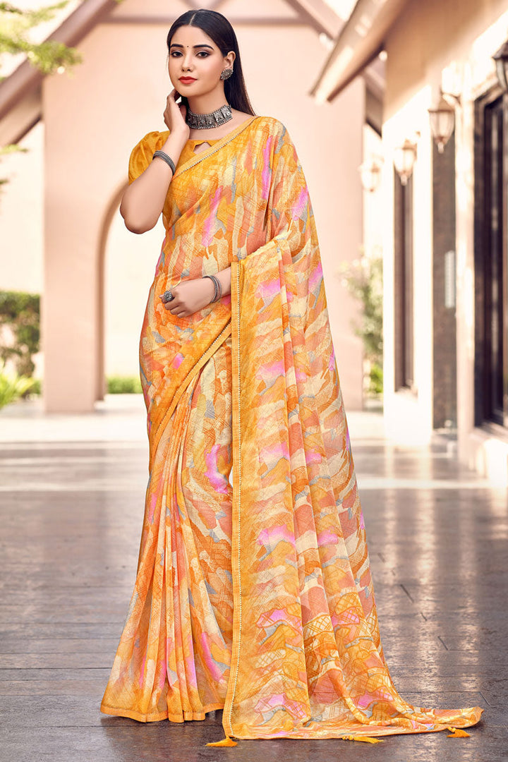 Yellow Attractive Chiffon Casual Saree With Printed Work