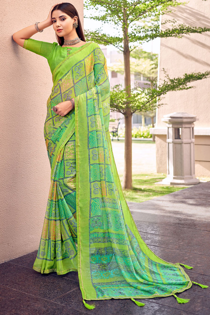 Alluring Printed Work Chiffon Casual Saree In Green Color