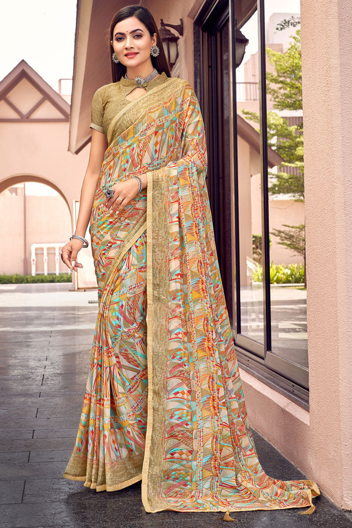 Ingenious Printed Work Casual Chiffon Saree In Beige Color