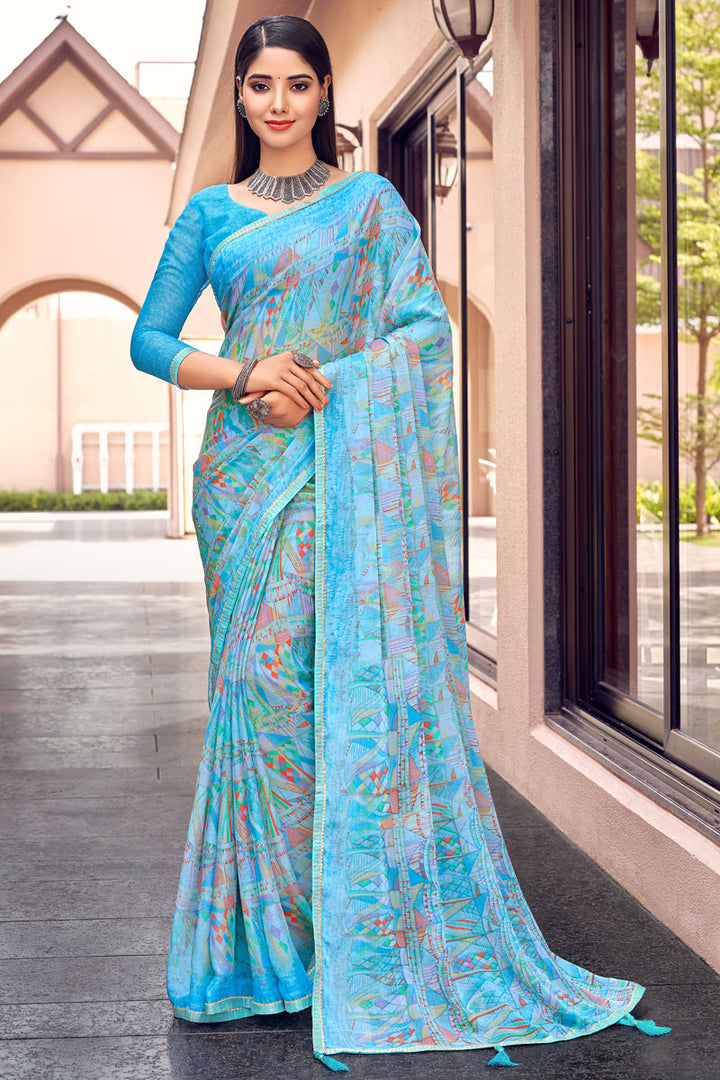Lovely Printed Work Chiffon Casual Saree In Cyan Color