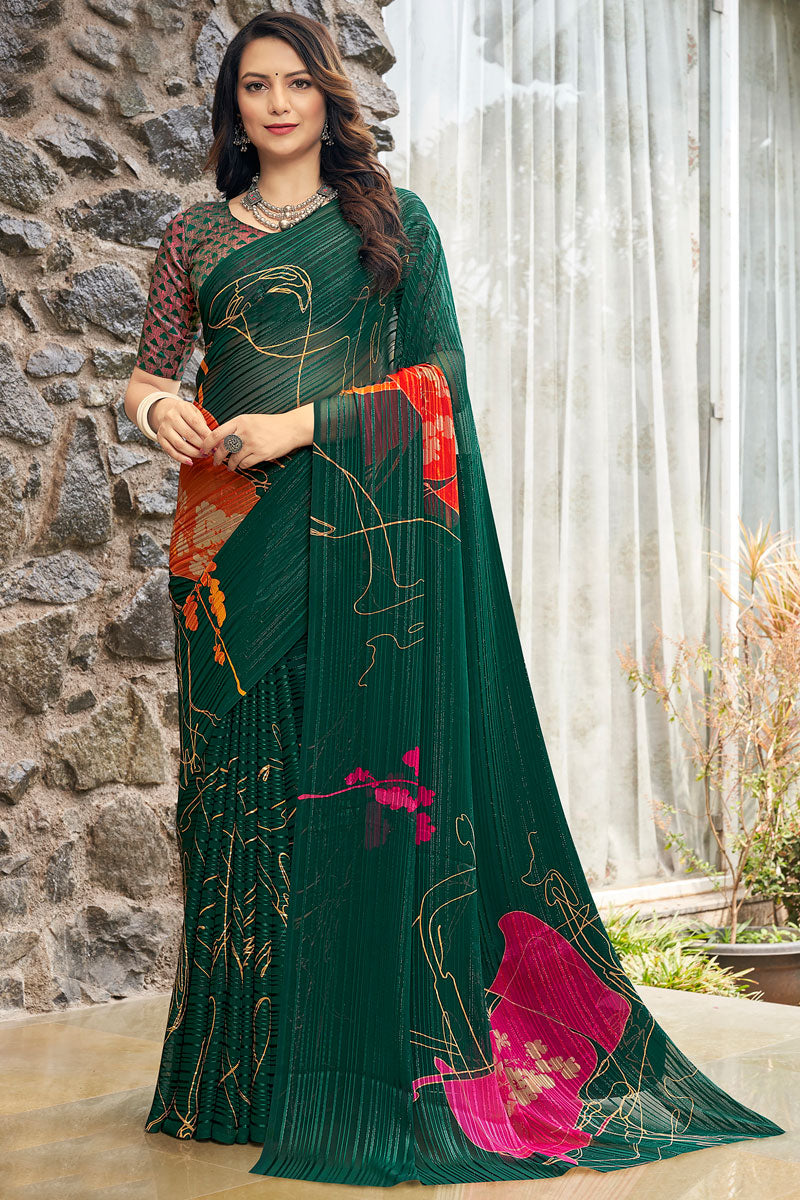 Printed Casual Satin Saree In Dark Green Color