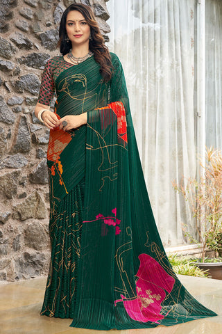 Printed Casual Satin Saree In Dark Green Color