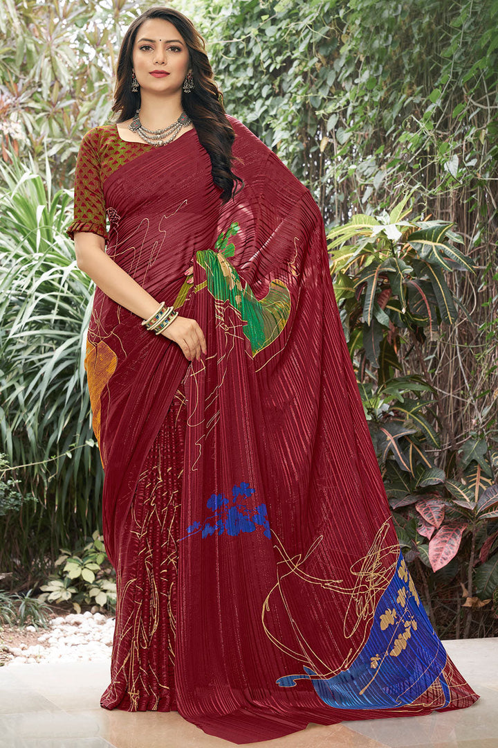 Fantastic Maroon Color Printed Saree In Casual Wear