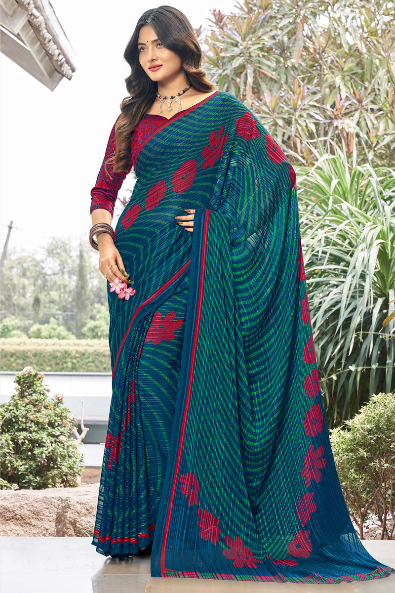 Printed Casual Satin Saree In Teal Color