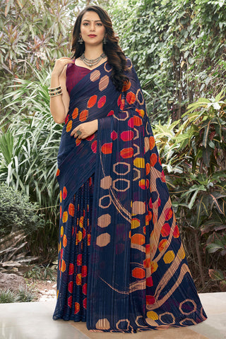 Navy Blue Color Casual Printed Satin Saree