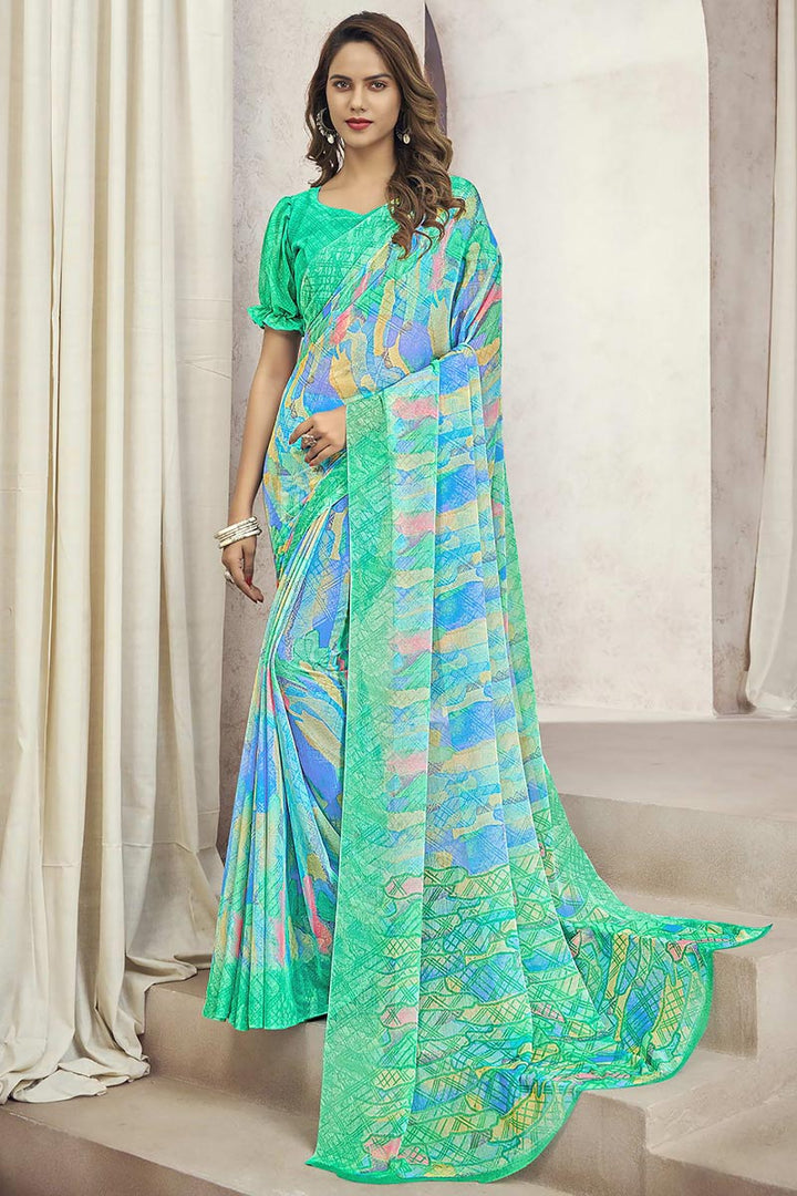 Chiffon Fabric Sea Green Color Delicate Casual Look Printed Saree