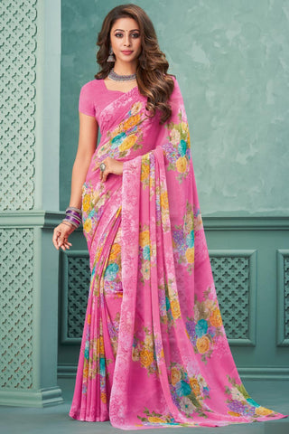 Aristocratic Pink Color Georgette Fabric Light Weight Saree