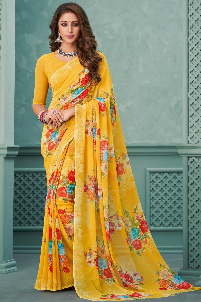 Yellow Color Splendid Light Weight Saree In Georgette Fabric
