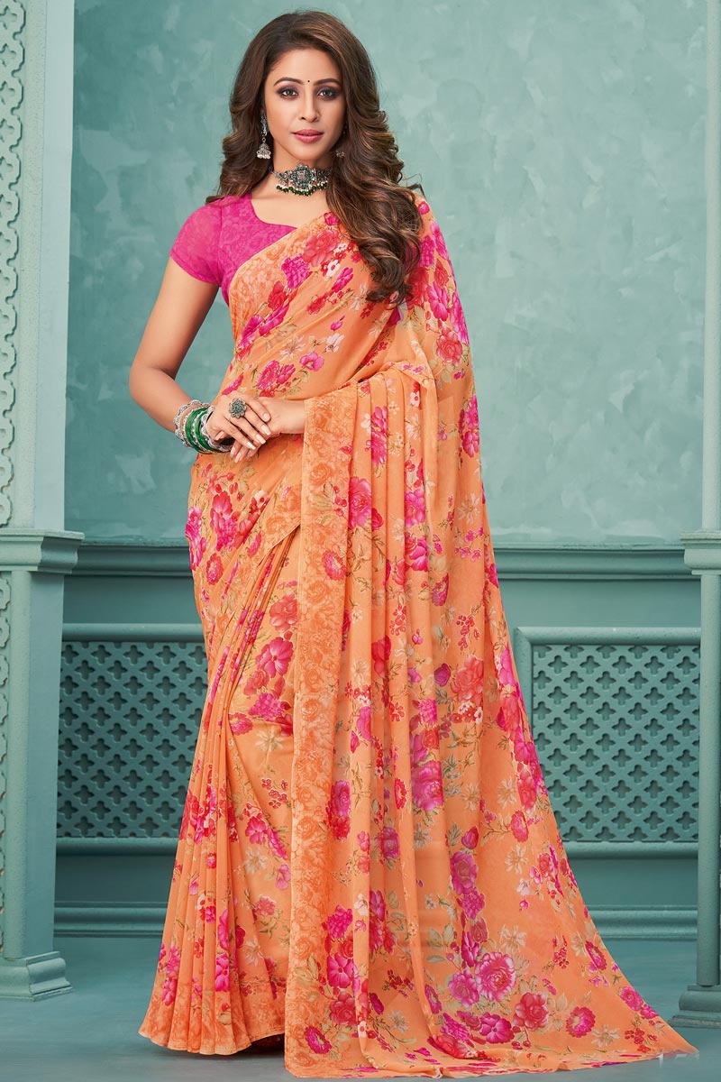 Georgette Fabric Brilliant Light Weight Saree In Orange Color | Buy Online India