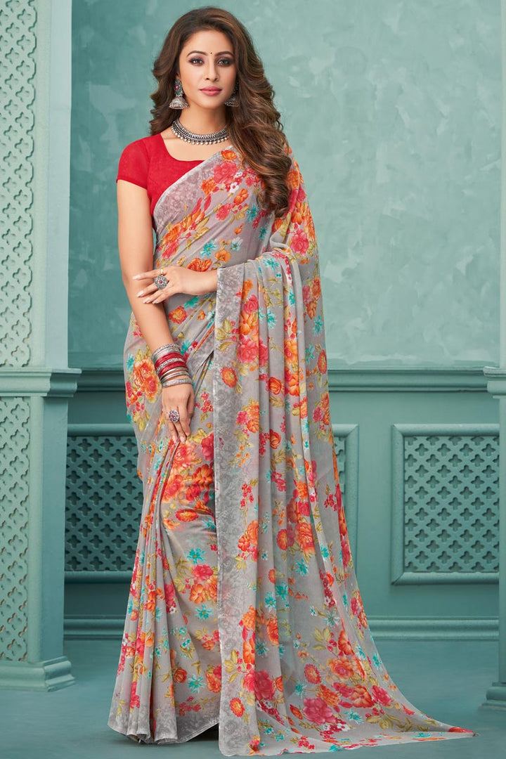 Georgette Fabric Grey Color Stunning Light Weight Saree