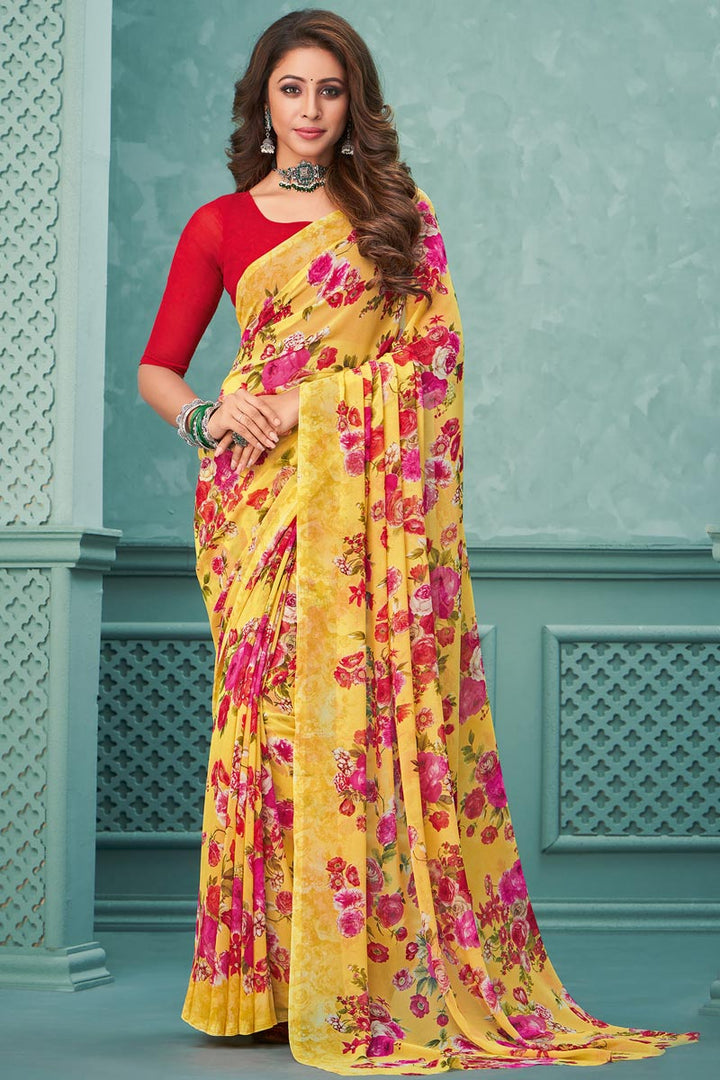 Yellow Color Light Weight Saree In Charming Georgette Fabric