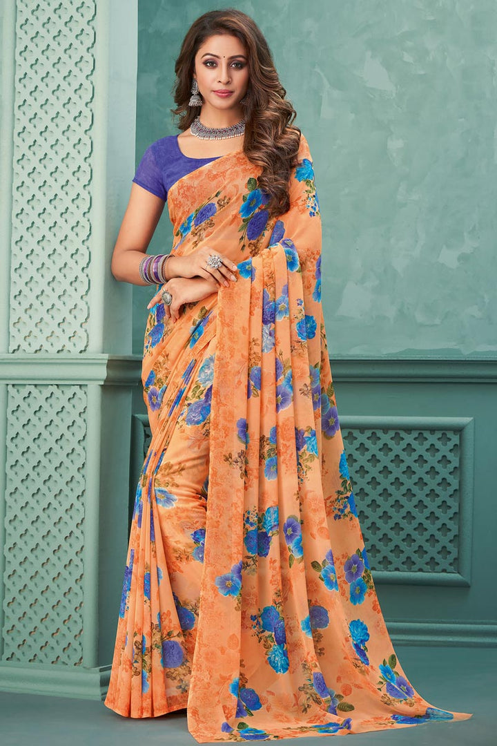 Georgette Fabric Rust Color Fabulous Light Weight Saree