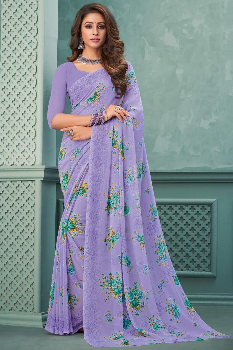 Elegant Lavender Color Georgette Fabric Light Weight Saree