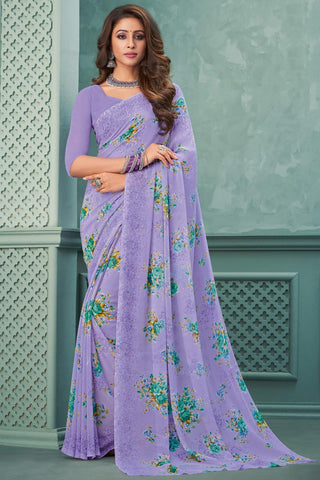 Elegant Lavender Color Georgette Fabric Light Weight Saree