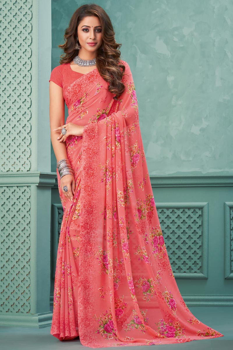 Georgette Fabric Peach Color Fantastic Light Weight Saree