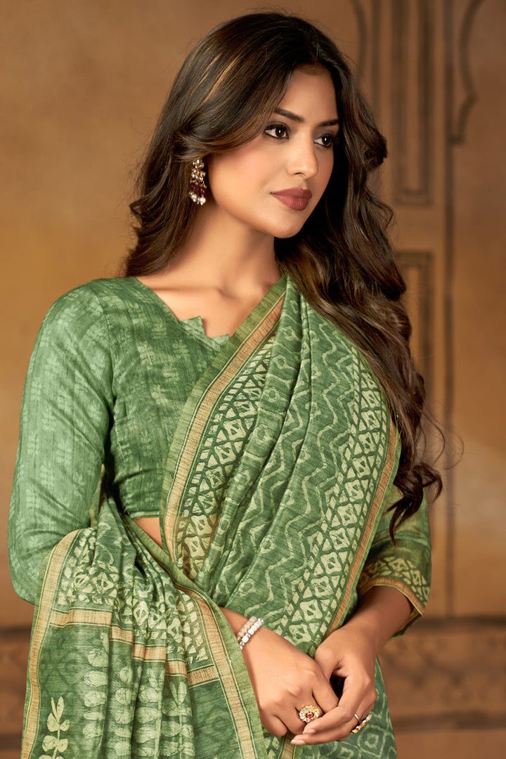 Excellent Digital Printed Green Color Chanderi Silk Saree