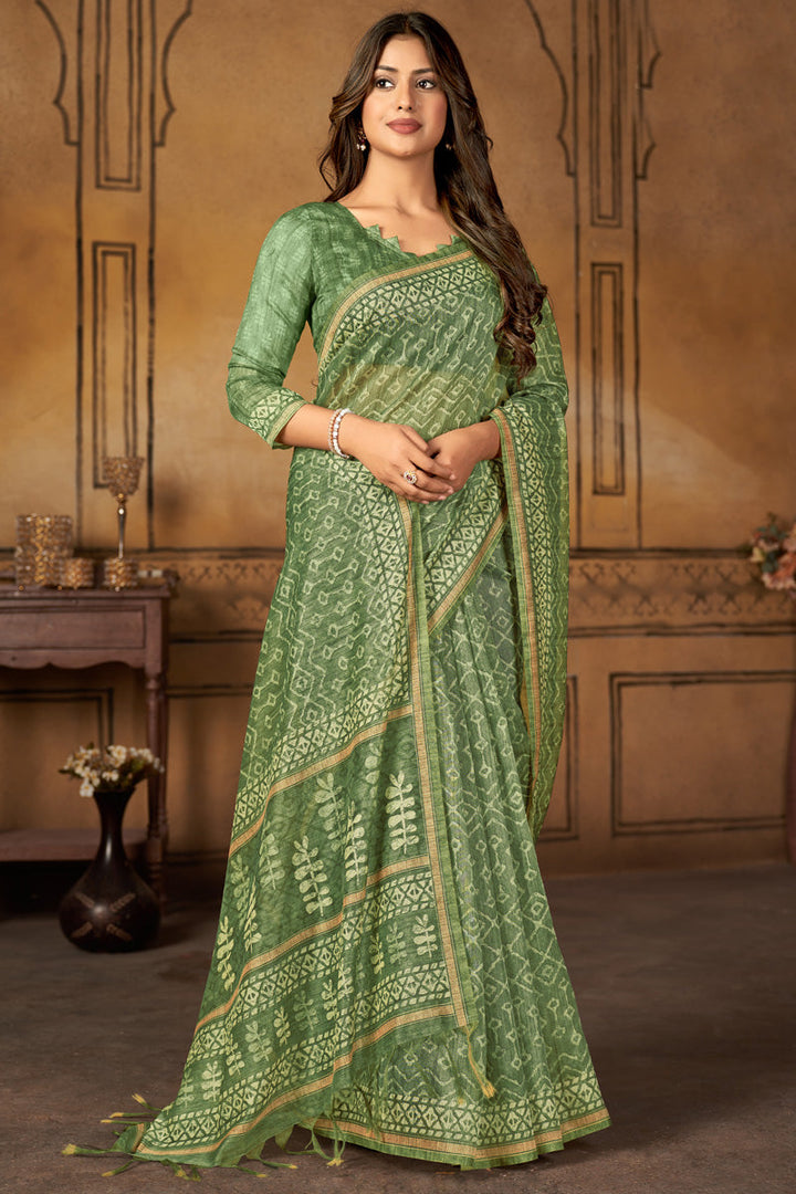 Excellent Digital Printed Green Color Chanderi Silk Saree